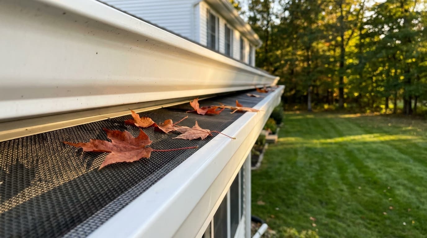 Close-up side view of clean micro-mesh gutter guard installed on a two-story suburban Ohio home with a few maple leaves resting on top
