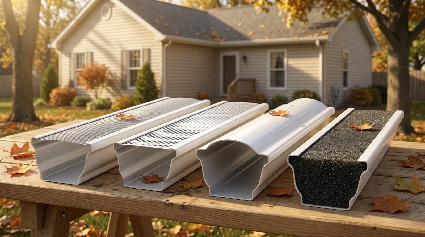 Four gutter guard types — micro-mesh, screen, reverse-curve, and foam — displayed on sections of aluminum gutter outside a suburban Ohio home, autumn light, educational tone.