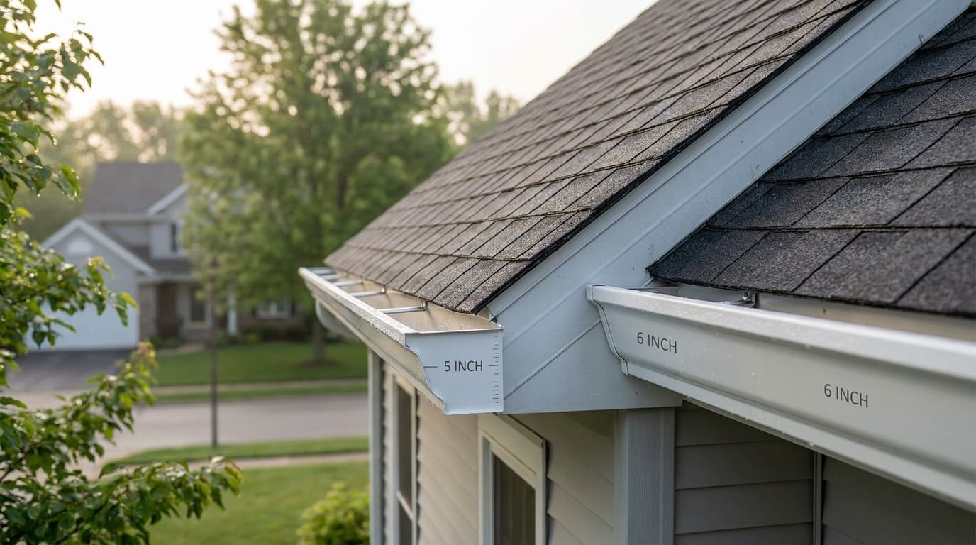 Side-by-side close-up of 5-inch and 6-inch seamless aluminum gutters installed on a suburban Ohio two-story home in soft spring morning light