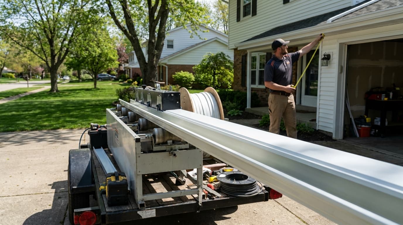 Seamless aluminum gutter being formed on-site from a gutter machine in a suburban Ohio driveway with a contractor measuring fascia in spring daylight