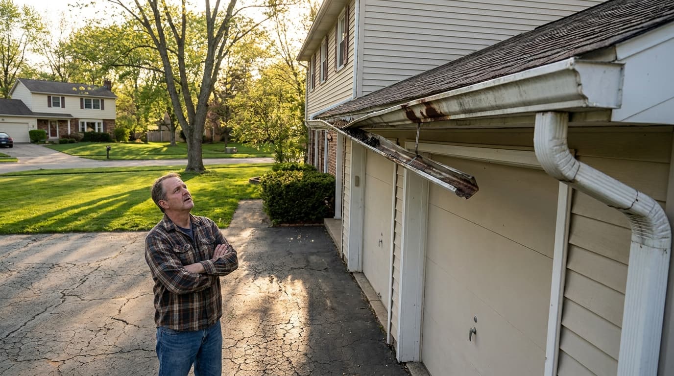 Ohio homeowner in a driveway looking up at visibly sagging rust-spotted gutters on a suburban home in late-spring afternoon light