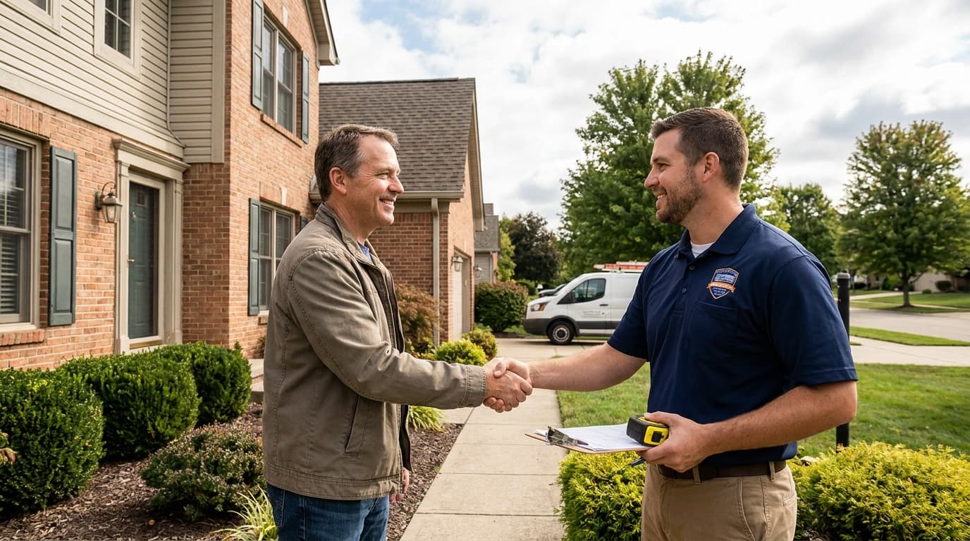 Ohio homeowner shaking hands with a uniformed gutter contractor on the front walkway of a suburban home with clipboard and measuring tools