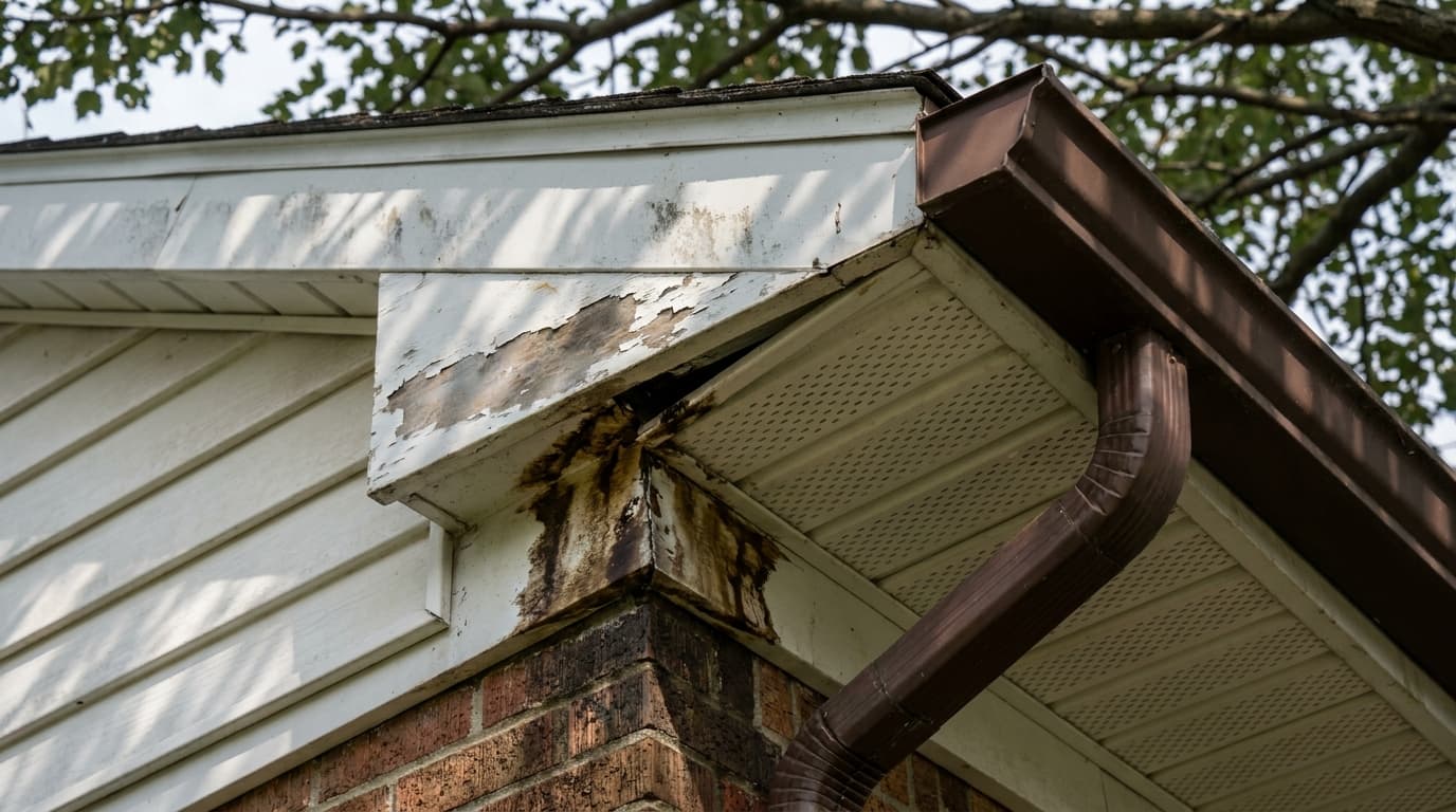Close-up detail of an Ohio suburban home eave showing fascia board, aluminum wrap, and vented soffit with subtle early water staining in mid-summer light