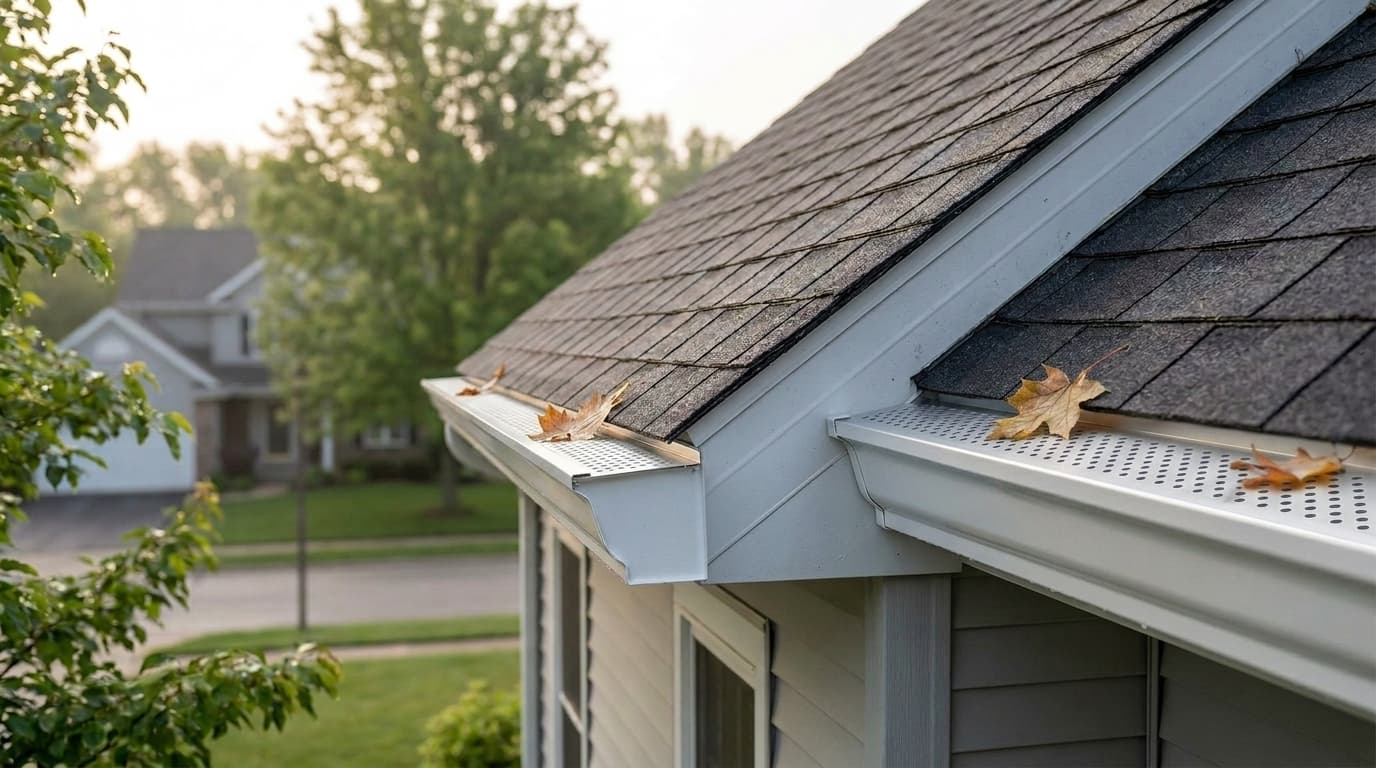Close-up side view of a clean perforated aluminum gutter guard installed on a two-story suburban Ohio home with a few maple leaves resting on top
