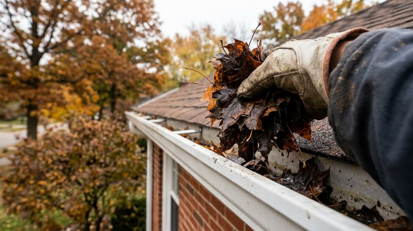 Overhead angled view of a gloved hand scooping wet maple leaves from a white aluminum gutter on a brick Ohio home in soft autumn light