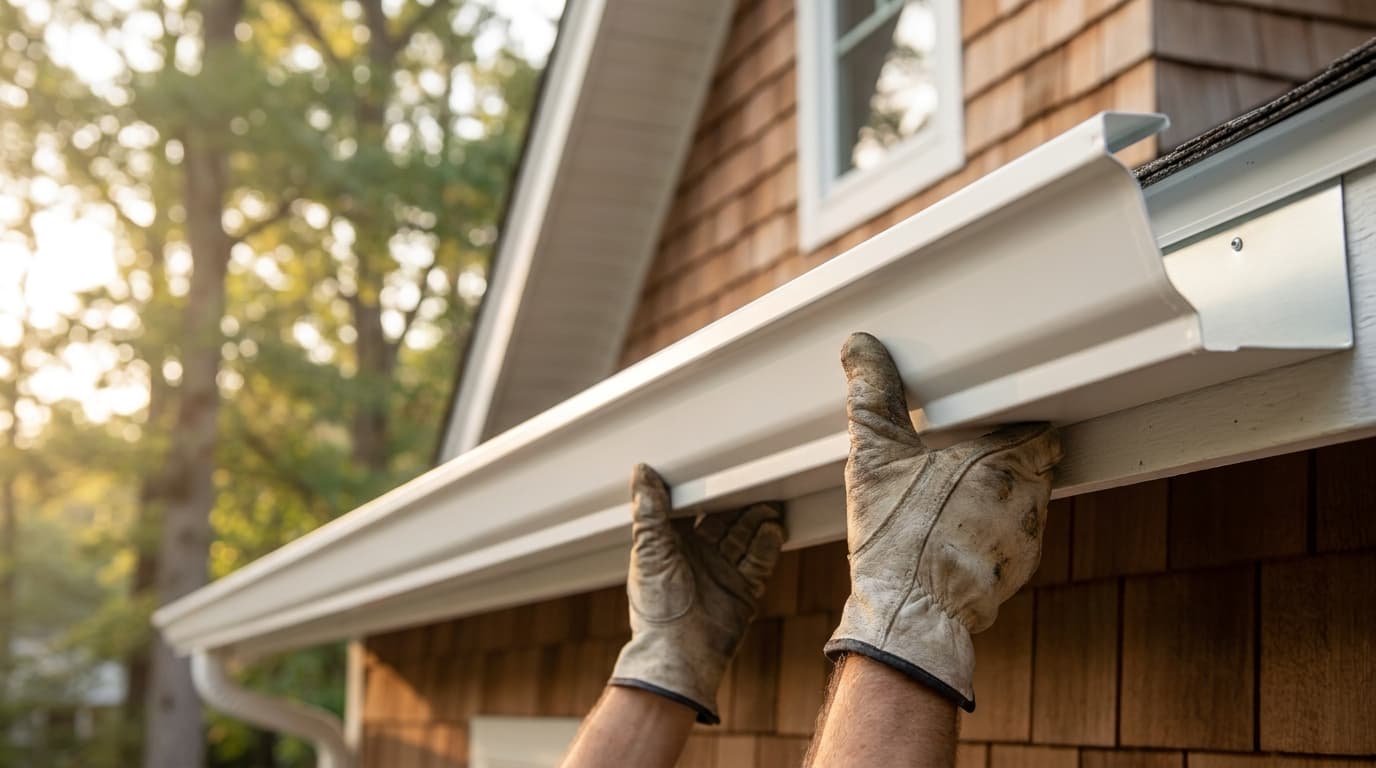 Close-up of a freshly formed seamless aluminum gutter being hung along the eave of a craftsman-style Ohio home in soft morning light