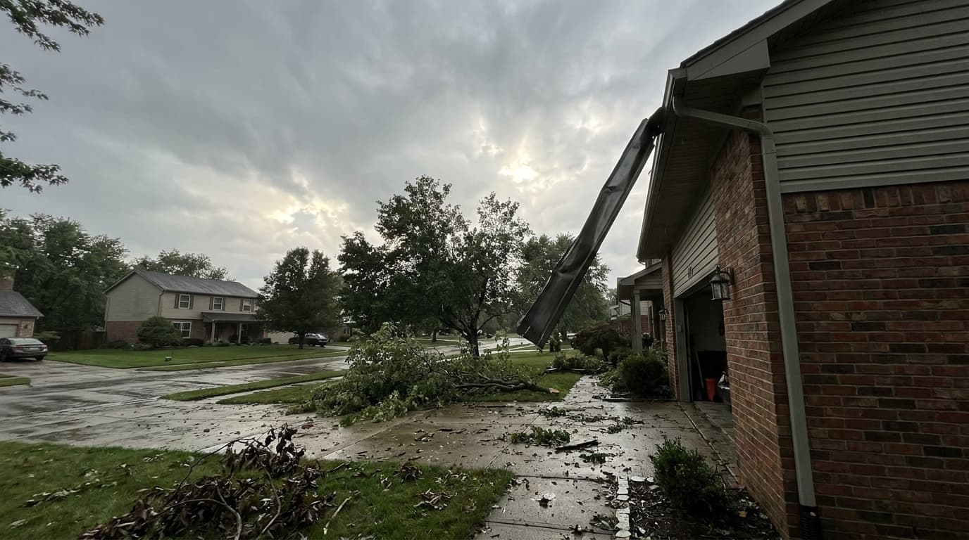 Detached dented aluminum gutter hanging from the corner of an Ohio suburban home after a storm with branches on the lawn and overcast sky clearing