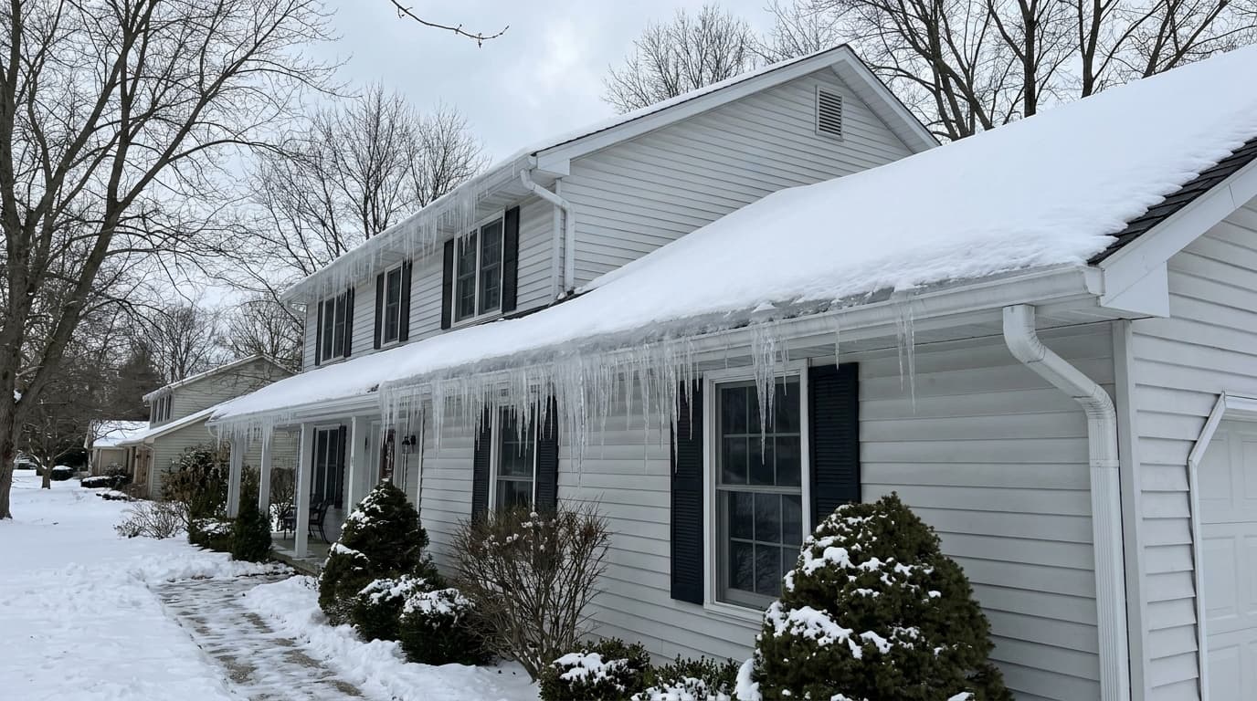 Two-story Ohio colonial home in winter with a visible ice dam forming along the gutter edge and icicles hanging from the eave under a soft grey sky