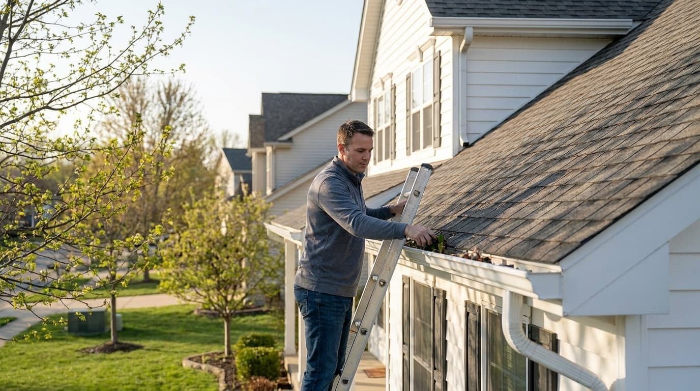 A homeowner on a ladder cleaning leaves from the seamless aluminum gutters of a suburban Ohio two-story home on a bright spring morning, budding trees in the yard.