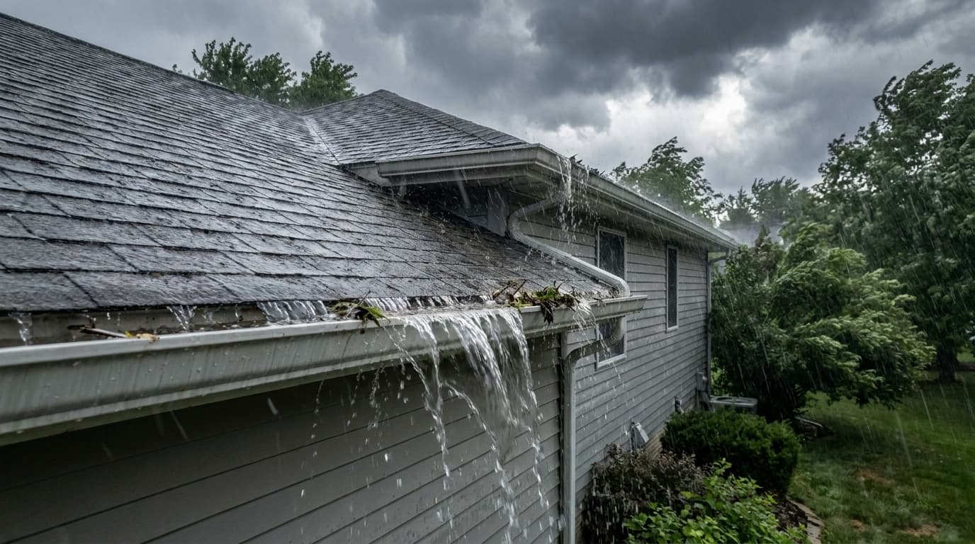 Rainwater sheeting over the front edge of a clogged gutter on a suburban Ohio home during a heavy summer thunderstorm, splashing onto the siding and landscaping below.