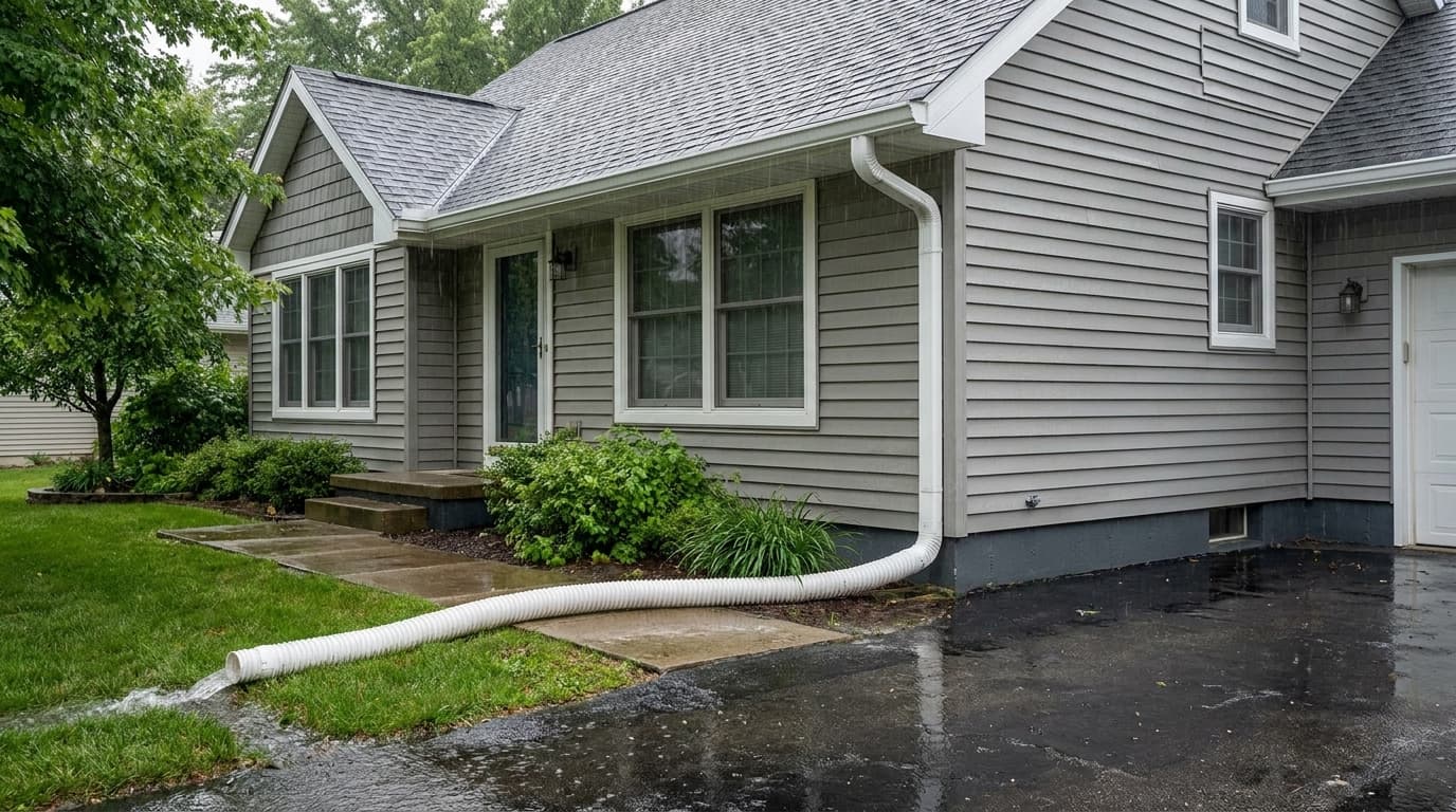 A well-maintained downspout carrying rainwater through an extension away from the poured-concrete foundation of a suburban Ohio home on an overcast, wet afternoon.