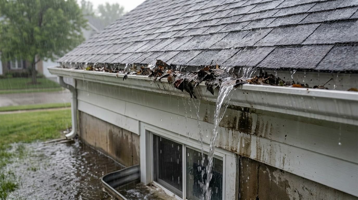 An overflowing gutter clogged with wet leaves spilling water down the exterior wall toward the basement window well of a suburban Ohio home during steady rain.