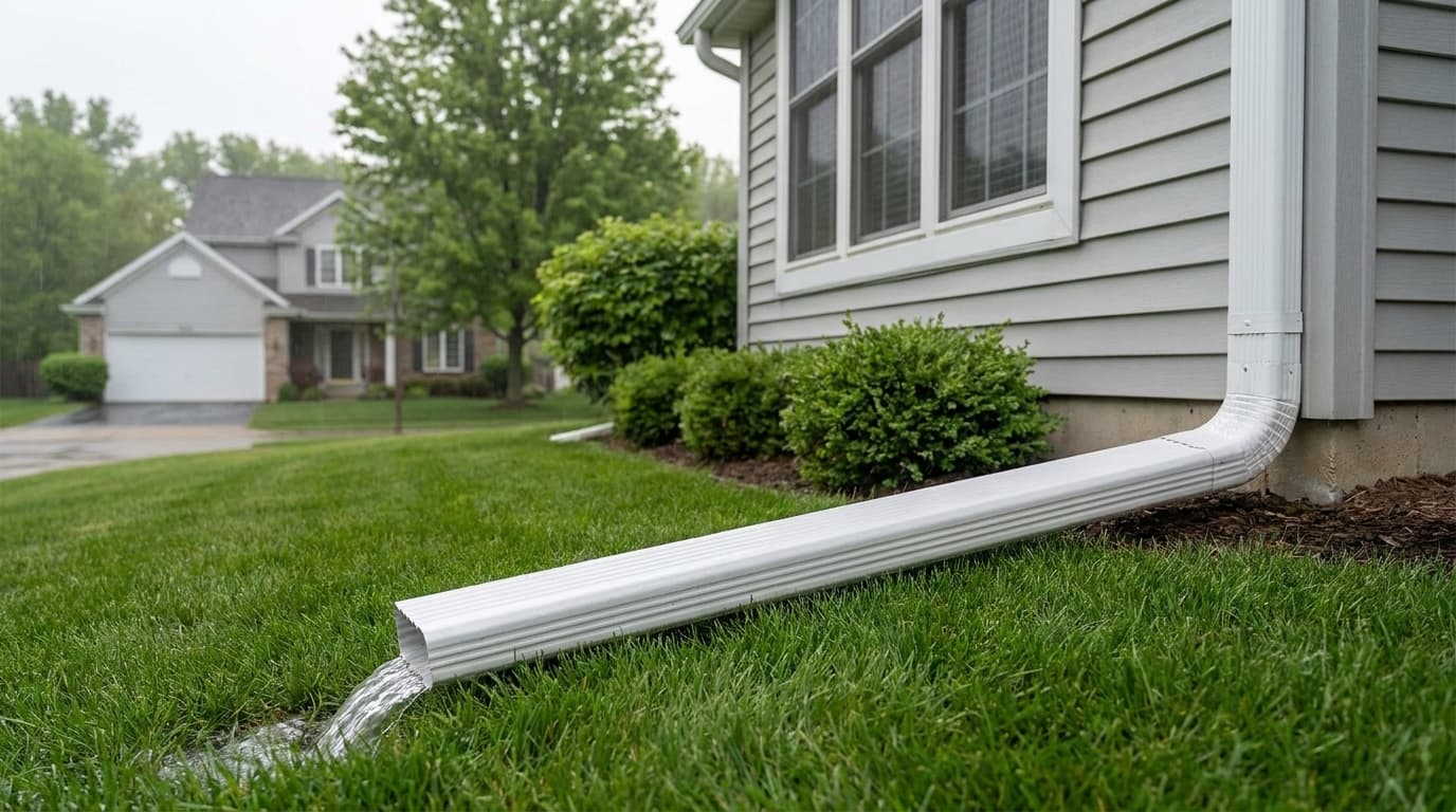 A downspout with an added extension channeling rainwater across a green suburban Ohio lawn away from the house foundation on a damp, overcast summer day.