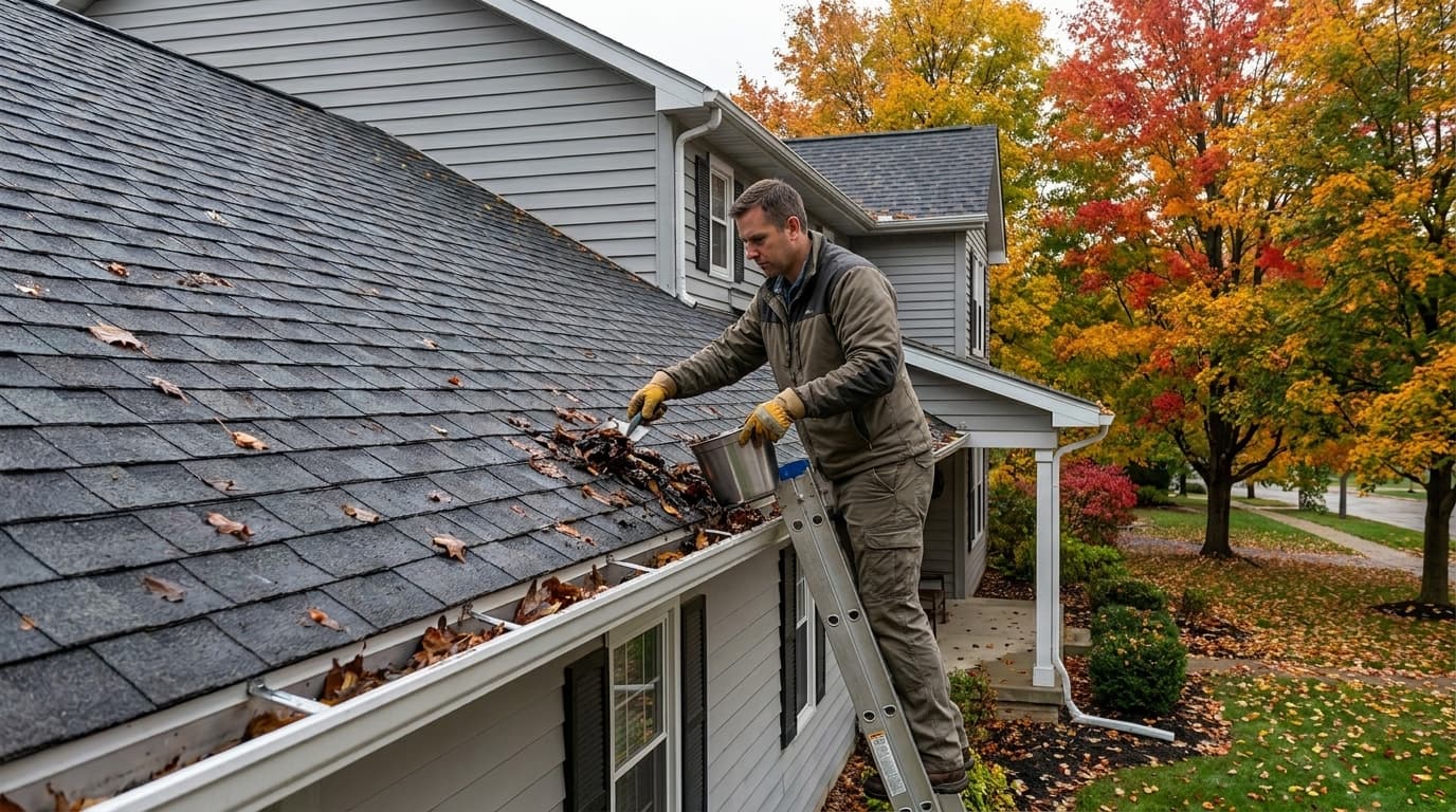 A homeowner on a ladder scooping wet leaves from the gutter of a two-story suburban Ohio home on an overcast autumn morning, safety-minded and practical feel.