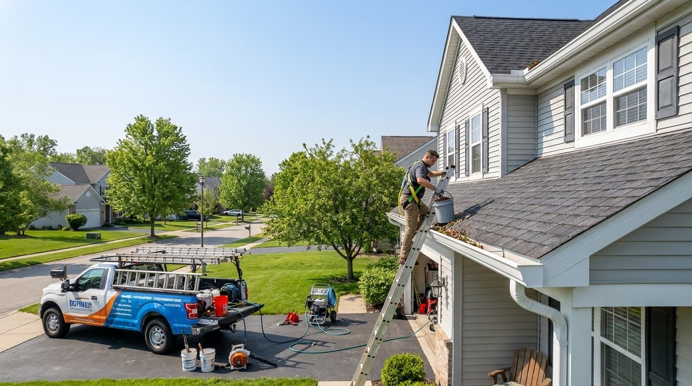 A gutter cleaning professional on a ladder clearing debris from a suburban Ohio home's gutters with a truck and equipment visible in the driveway, clear daylight, informational tone.