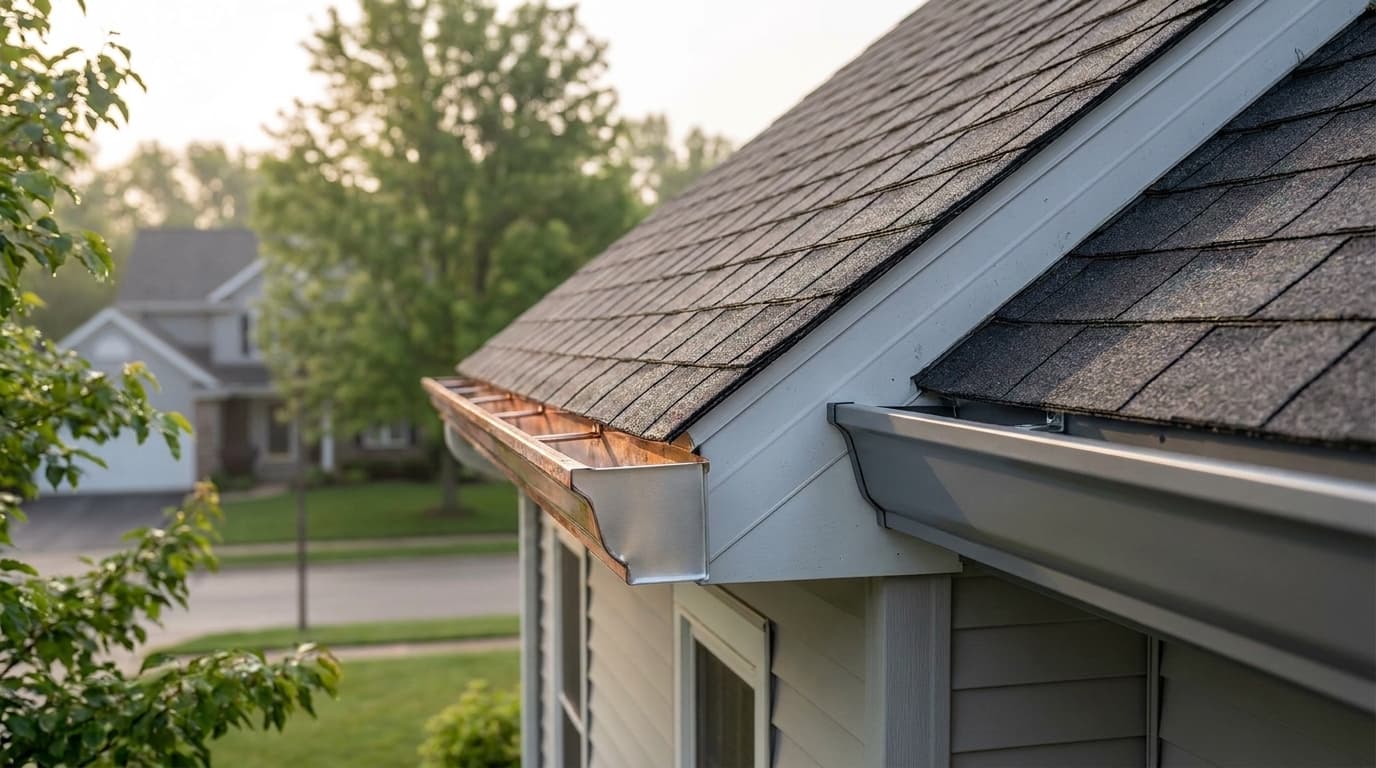 A close-up comparison of copper, aluminum, and steel seamless gutters installed on suburban Ohio homes under bright afternoon light, showcasing material color and finish differences.