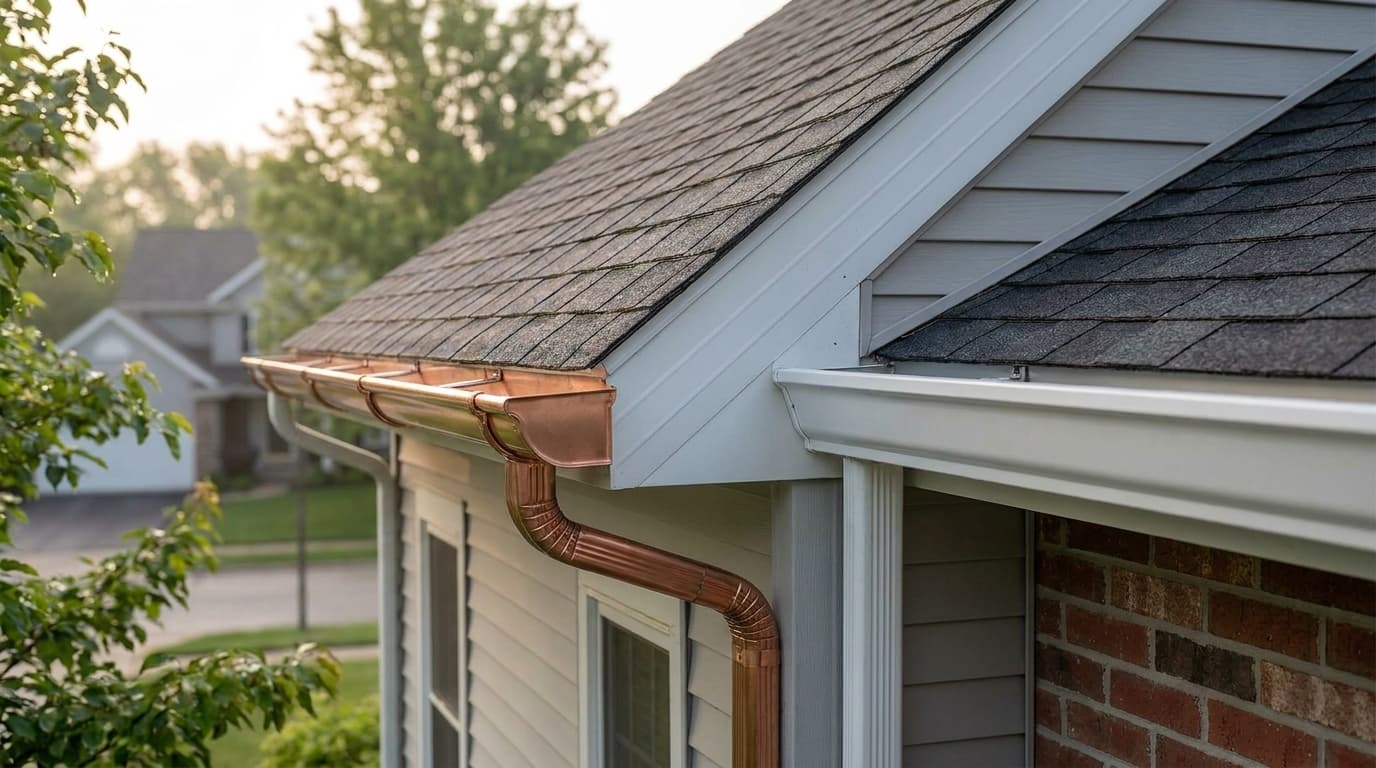 A side-by-side view of a half-round gutter and a K-style gutter installed on suburban Ohio homes, showing their different profiles under soft daylight, architectural detail visible.