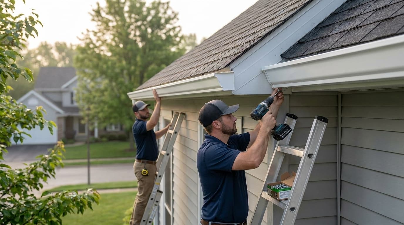 A two-person gutter crew on ladders installing new seamless aluminum gutters along the fascia of a suburban Ohio two-story home, one worker securing a hanger with a drill, in clear workday light.