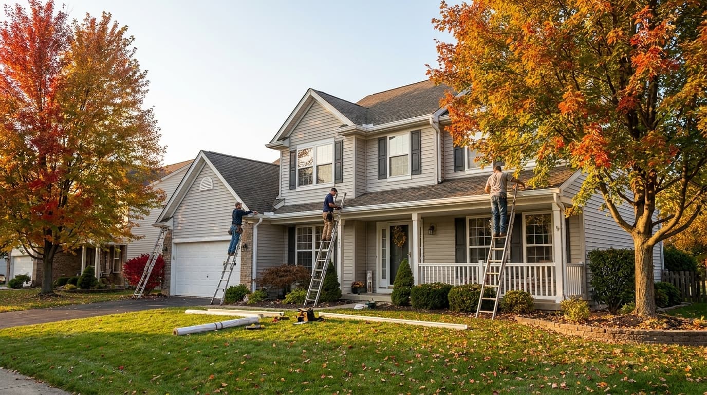A crew installing seamless aluminum gutters on a suburban Ohio two-story home under clear early-fall skies, colorful maples in the yard, neighborly residential feel.