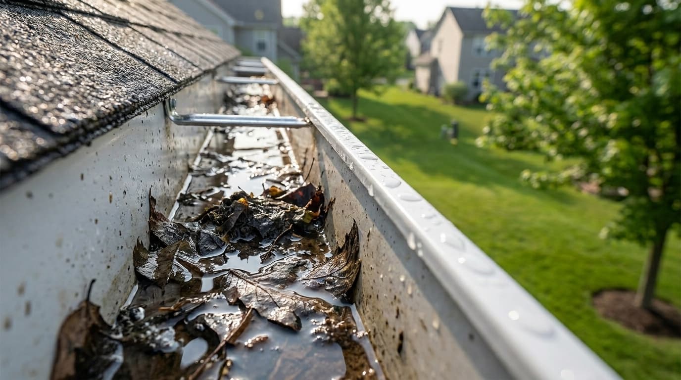 Close-up of a suburban Ohio home's gutter holding standing water and wet leaves in summer sunlight, lush green backyard behind, educational homeowner tone.