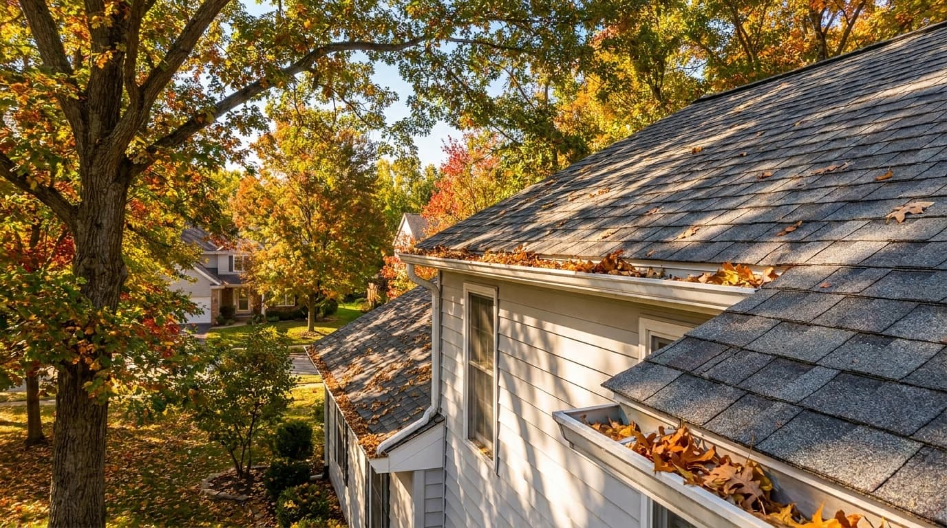 A suburban Ohio home surrounded by tall mature oak and maple trees with leaves scattered across the roof and gutters in early autumn light, neighborly tone.
