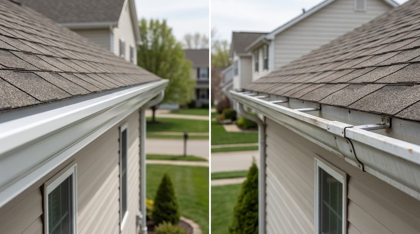 A side-by-side comparison on suburban Ohio homes showing a smooth continuous seamless aluminum gutter next to an older sectional gutter with a visible joint and seams, in soft daylight.