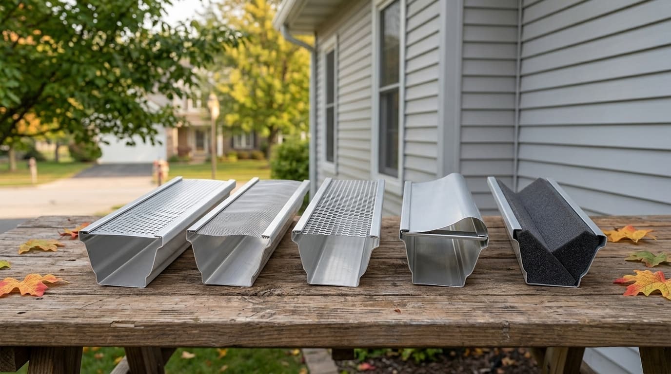 Five gutter guard types — perforated aluminum panel, micro-mesh, screen, reverse-curve, and foam — displayed on sections of aluminum gutter outside a suburban Ohio home, autumn light, educational tone.