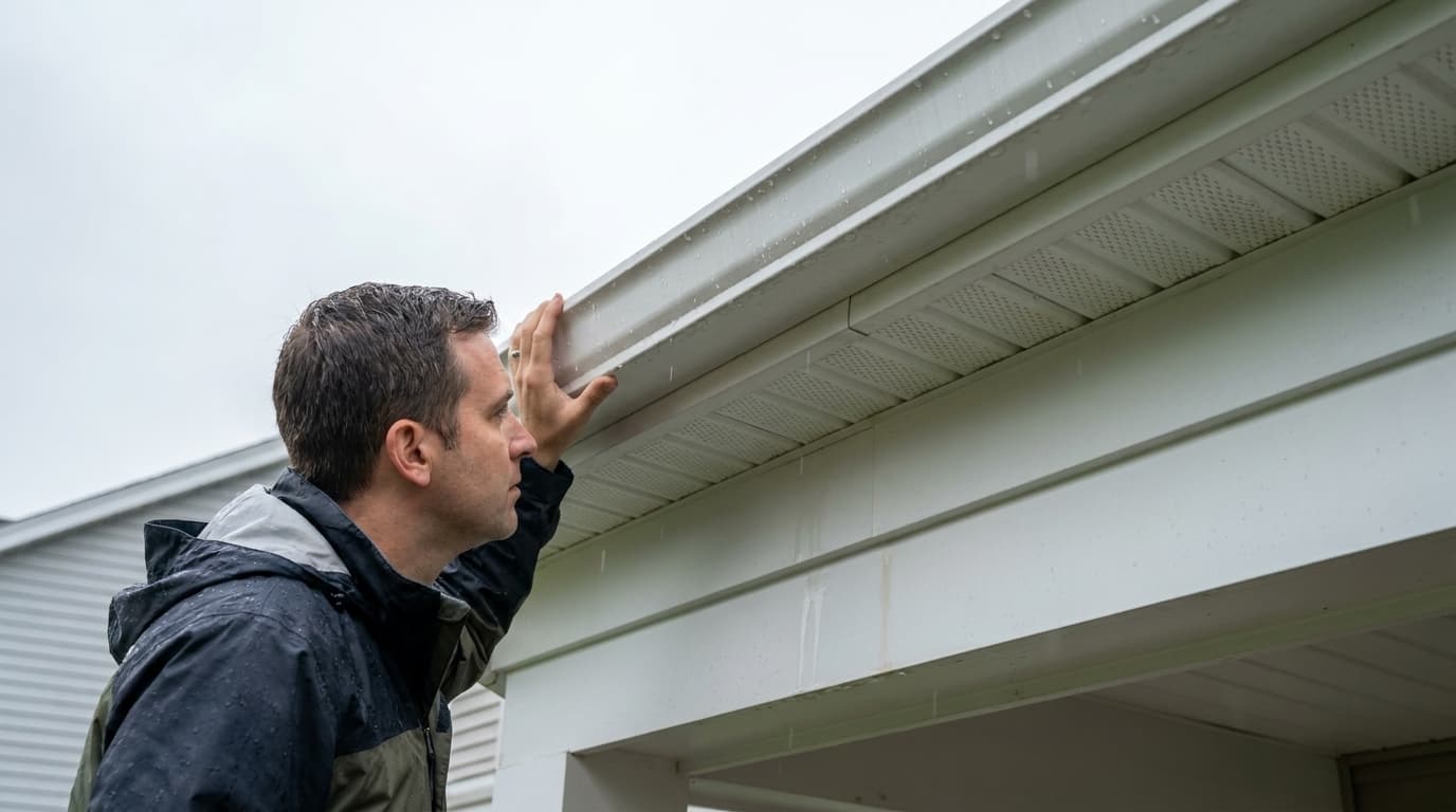 A homeowner inspecting the underside of a seamless gutter on a suburban Ohio home during light rain, faint water streak visible on the fascia, overcast summer day.
