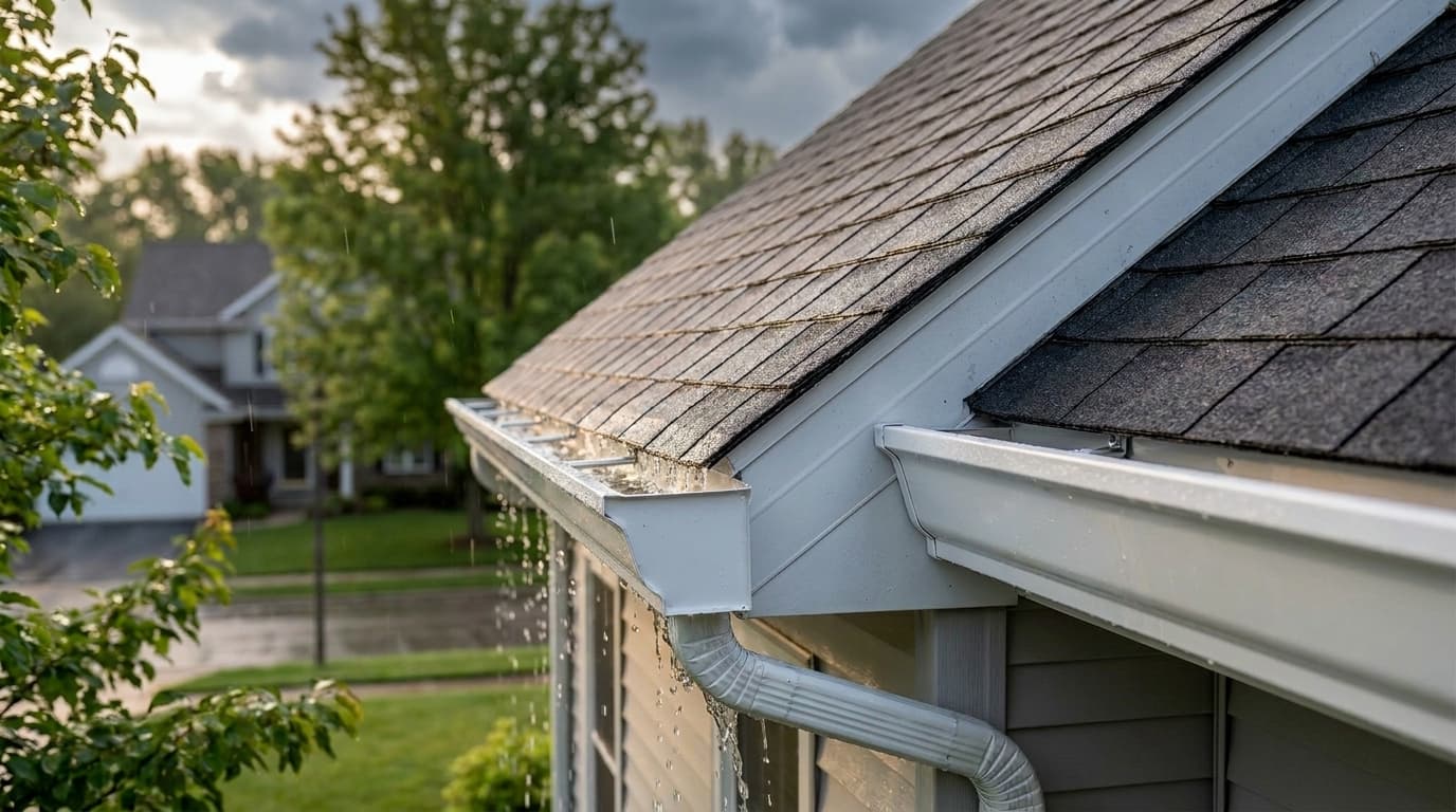 A 3x4 aluminum downspout carrying rainwater away from the corner of a suburban Ohio home into a splash block, wet lawn and summer storm clouds behind.