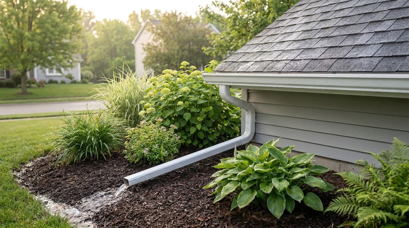 A downspout extension carrying rainwater across a mulched flower bed away from the foundation of a suburban Ohio home, lush summer landscaping after a storm.