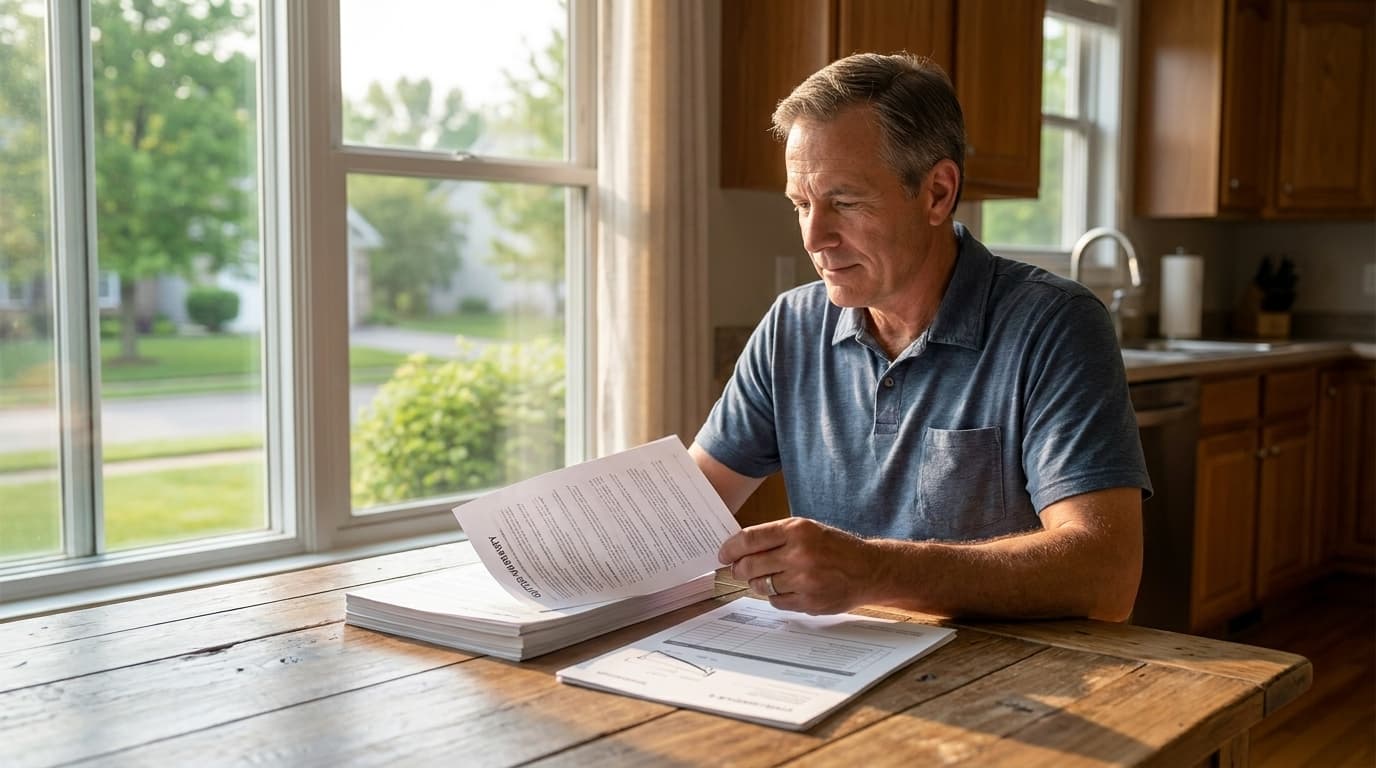 An Ohio homeowner reviewing a written gutter warranty document at a kitchen table with a contractor's estimate, warm summer daylight through the window.