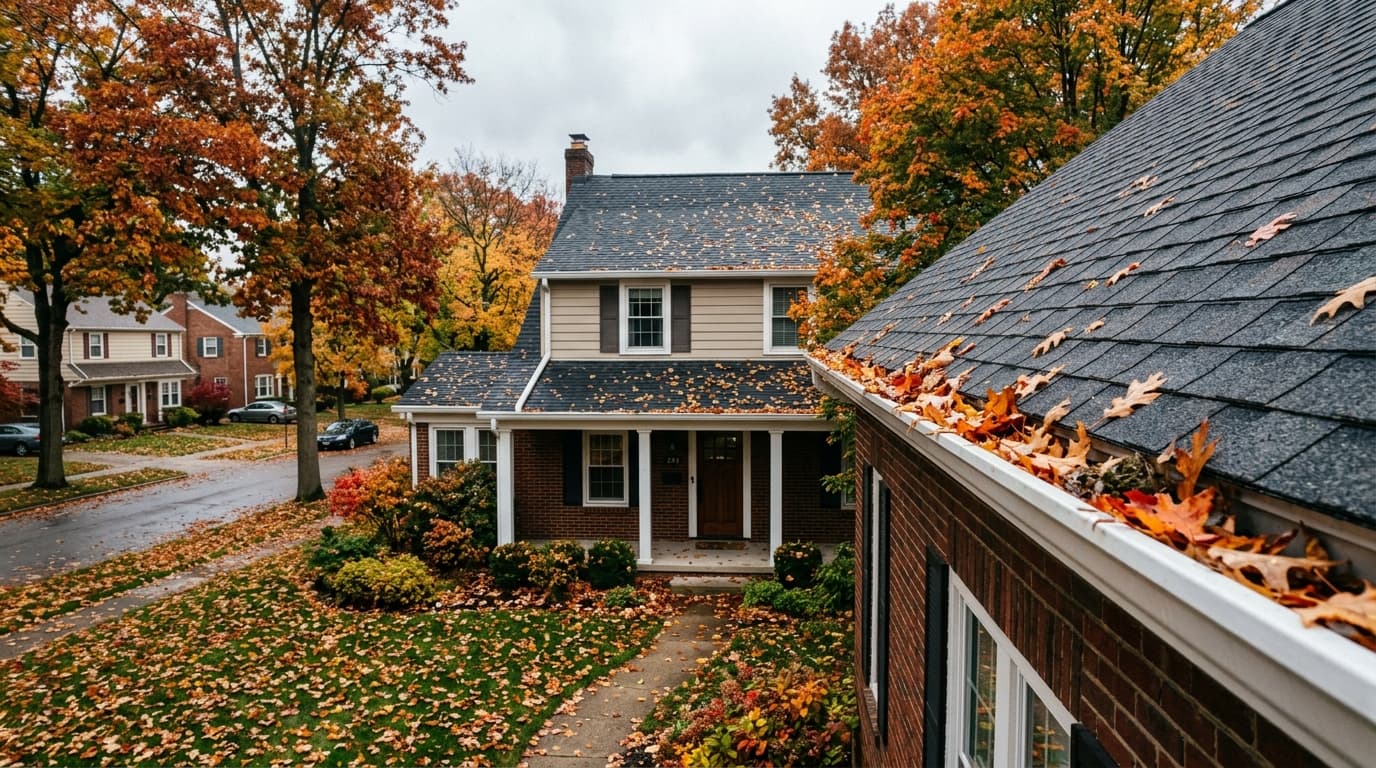 A two-story suburban Cleveland home in mid-autumn with orange and red maple leaves collecting in the seamless aluminum gutters, overcast Northeast Ohio afternoon light.