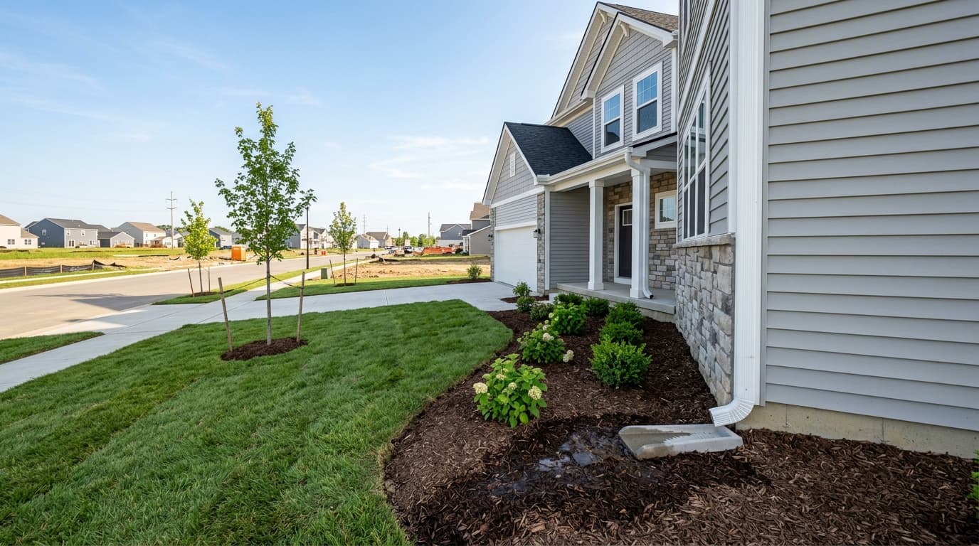 A newly built two-story suburban home in a Columbus-area development with fresh landscaping, new white seamless gutters and a downspout discharging near the foundation, bright afternoon light.