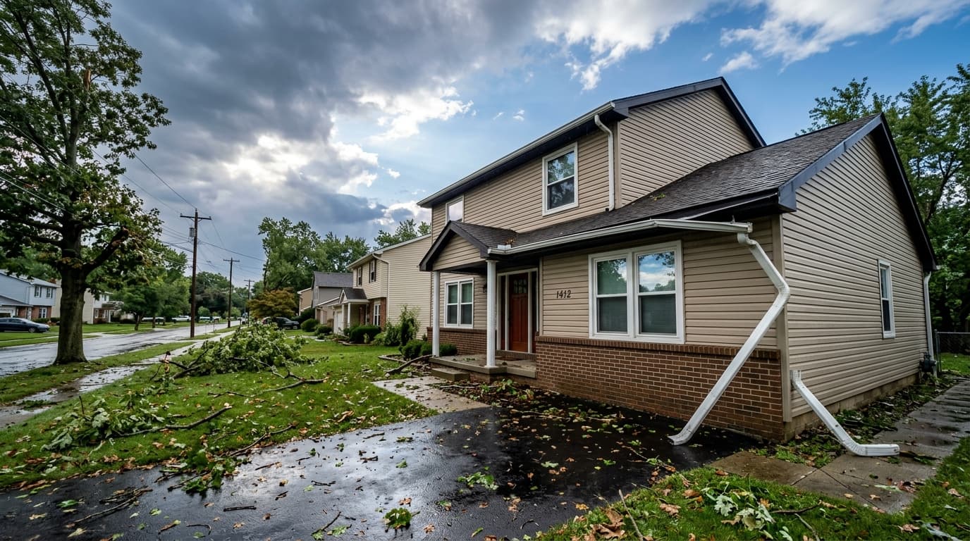 A suburban Dayton home photographed after a severe thunderstorm with a dented, partially detached gutter section and downed branches in the yard under a clearing sky.