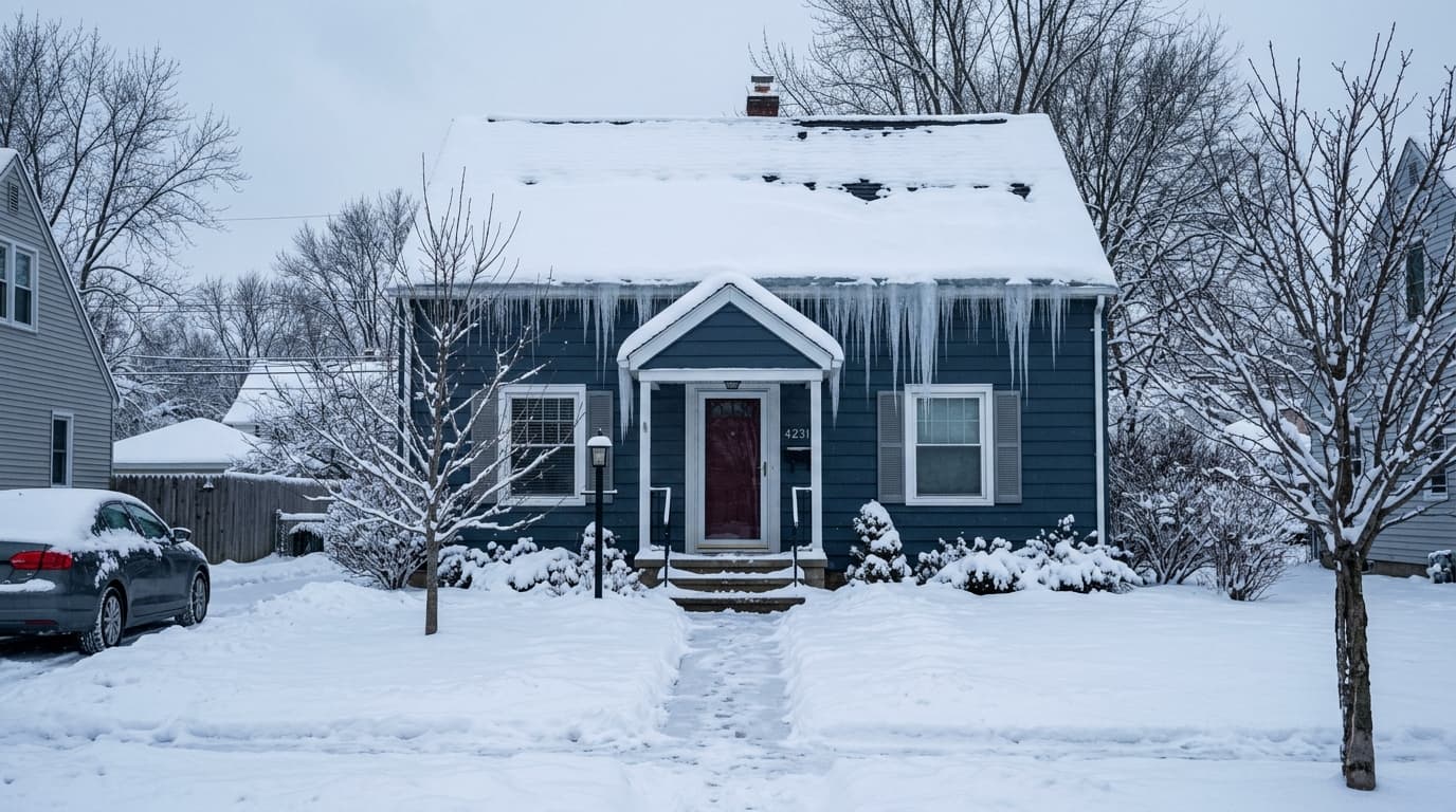 A snow-covered suburban Cleveland home in winter with icicles hanging from the gutter line and a heavy band of lake-effect snow on the roof under a gray sky.