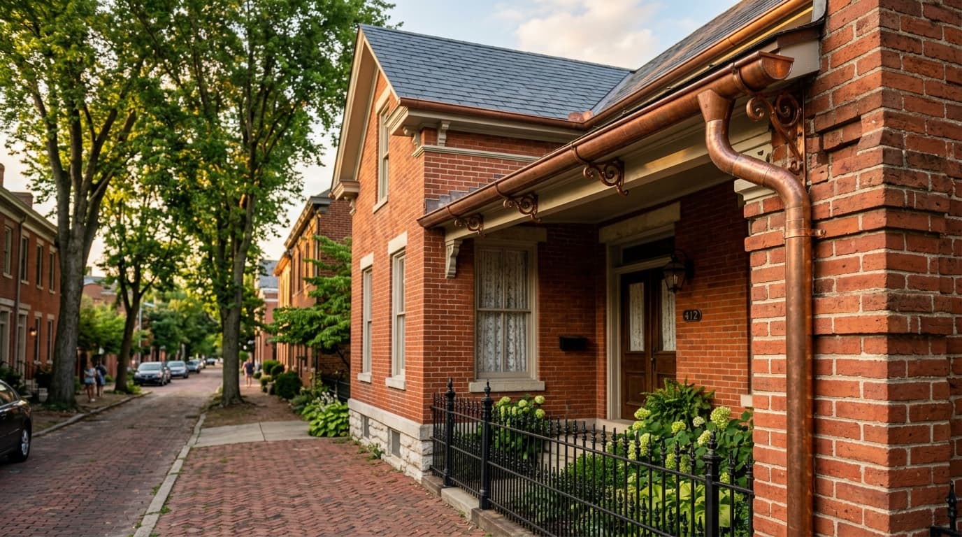 A restored 19th-century brick home on a tree-lined Columbus street with half-round copper gutters and round downspouts, warm late-afternoon light.