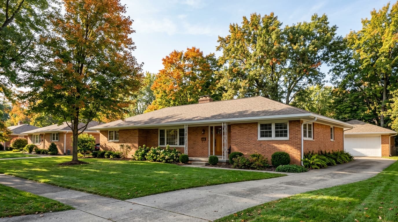 A single-story mid-century brick ranch home in a Dayton suburb with wide roof overhangs, a long unbroken gutter run and mature trees, clear morning light.