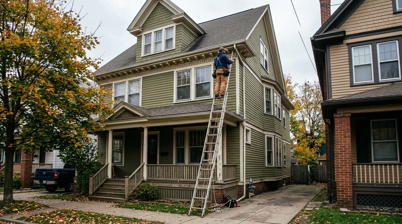 A tall early-1900s Cleveland colonial home on a narrow city lot with original wood trim and a contractor examining the gutter line from an extension ladder, autumn daylight.