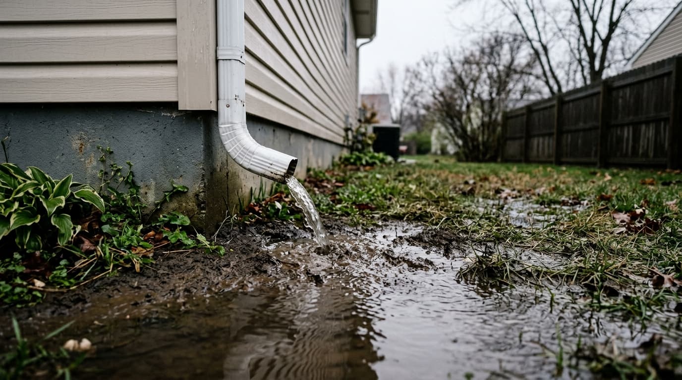 A downspout on a suburban Columbus home discharging onto saturated clay soil with standing water pooling in the side yard after heavy rain, overcast light.