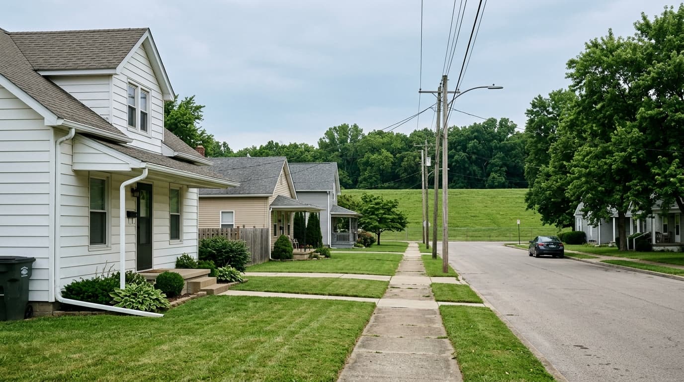 A Dayton-area home beside a grassy levee along the Great Miami River with downspout drainage running away from the foundation, soft overcast daylight.
