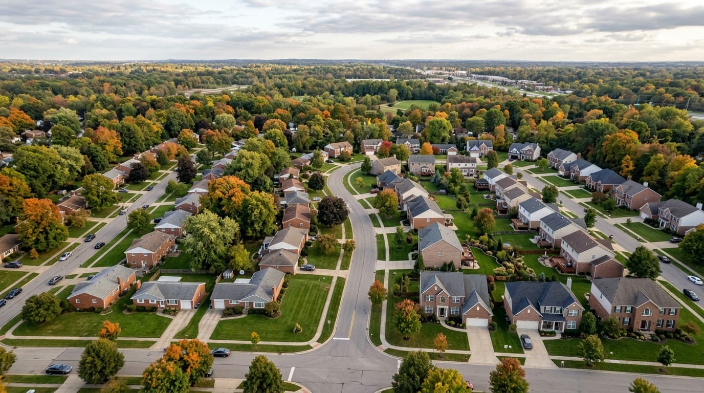 An aerial-style view of a leafy southwest Cleveland suburb with a mix of postwar ranches and newer two-story colonials under early autumn color.