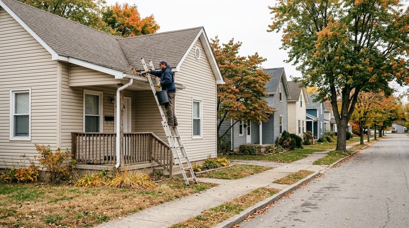 A row of modest rental houses on a Columbus street with a maintenance contractor cleaning gutters from a ladder, practical documentary tone, daylight.