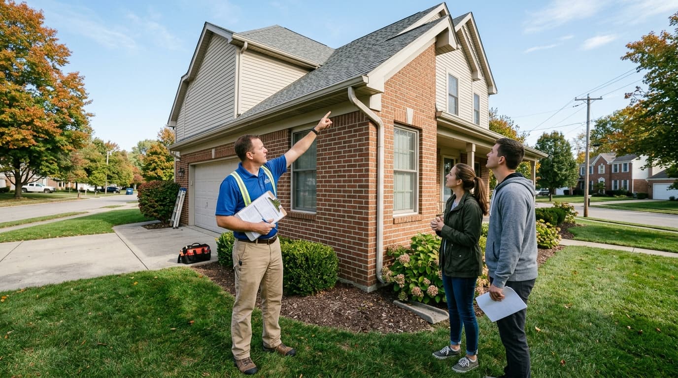 A home inspector with a clipboard examining the gutter line and downspout of a suburban Dayton home while a couple looks on, clear daylight, informative tone.
