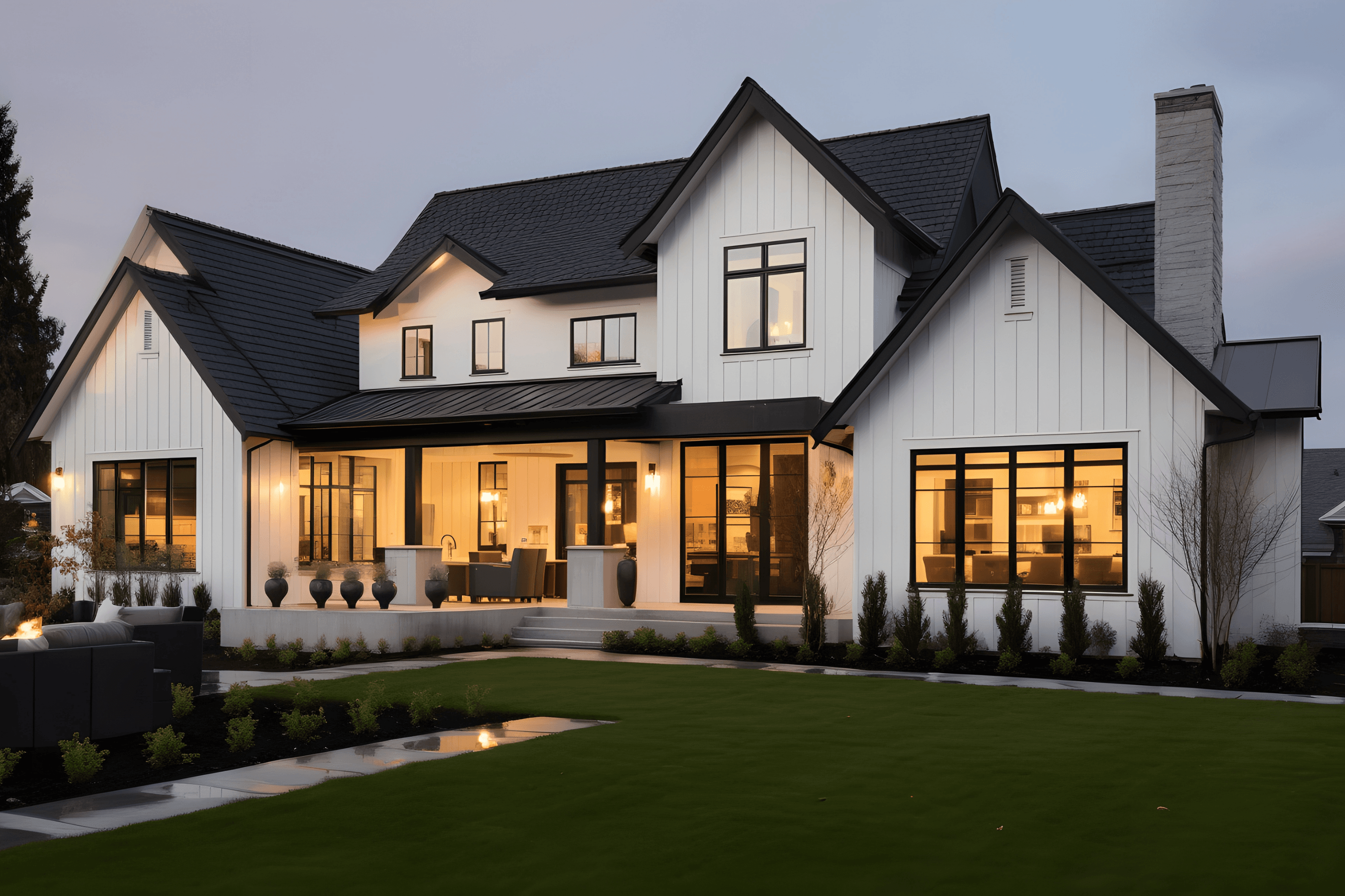 Two-story white farmhouse with a dark roof, black gutters and a wide front lawn